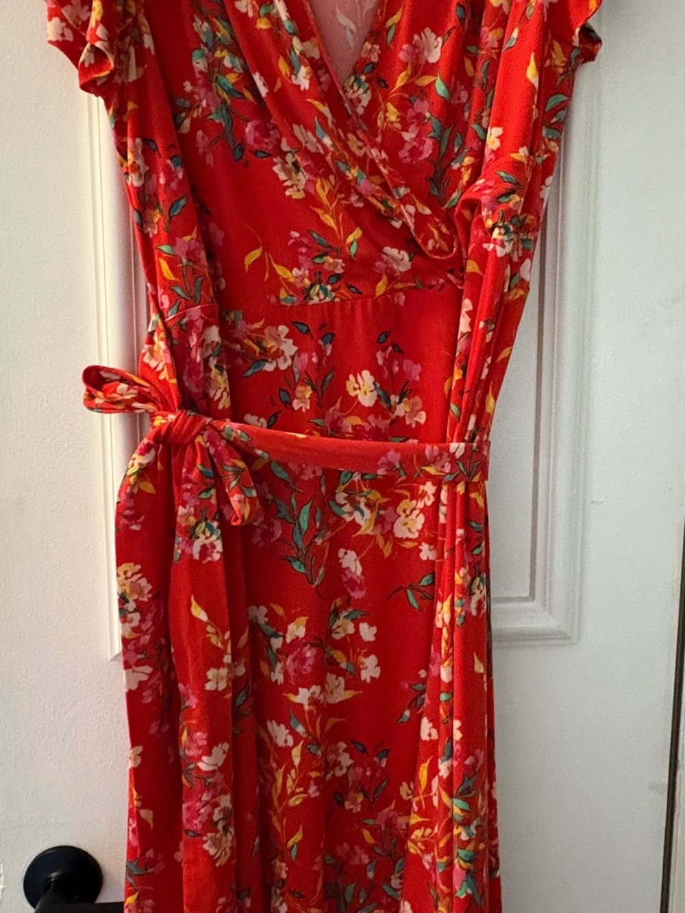 Bright Orange Floral Wrap Dress - Women's Elegant V-Neck Dress